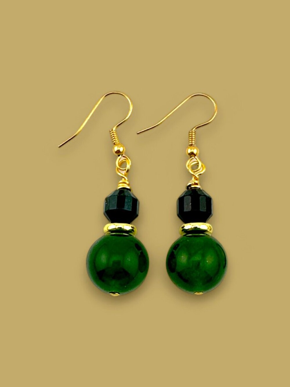 Green Jade Bloodstone Earrings Handmade Gold Plated Gemstone Dangle 2" Drop - Picture 4 of 10